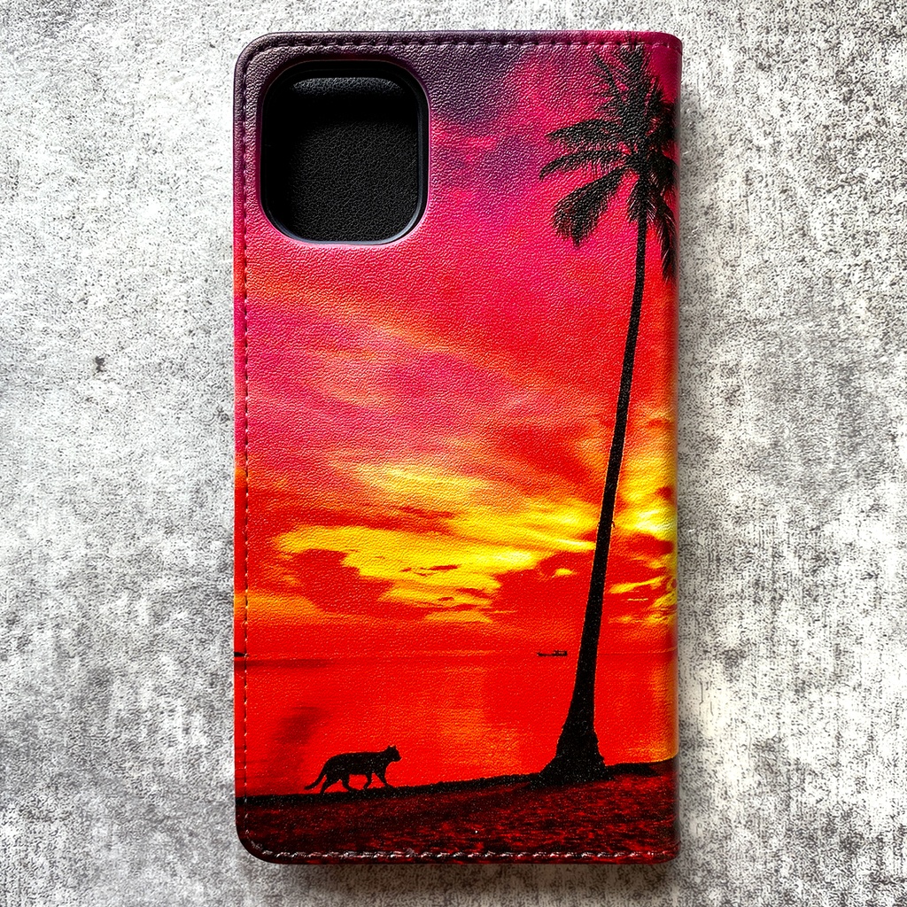 夕焼けにゃんこの手帳型スマホケース iPhone17 Air iphone16e iphone14 iphone15 全機種対応 猫 スマホケース 黒猫