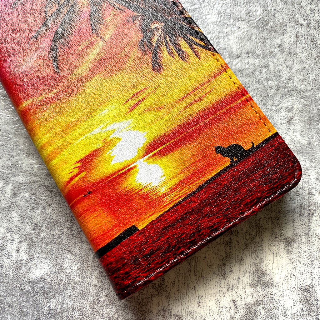 夕焼けにゃんこの手帳型スマホケース iPhone17 Air iphone16e iphone14 iphone15 全機種対応 猫 スマホケース 黒猫