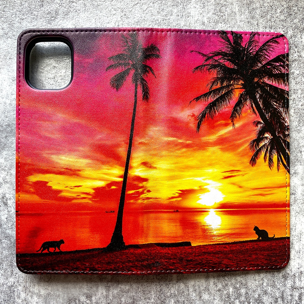 夕焼けにゃんこの手帳型スマホケース iPhone17 Air iphone16e iphone14 iphone15 全機種対応 猫 スマホケース 黒猫