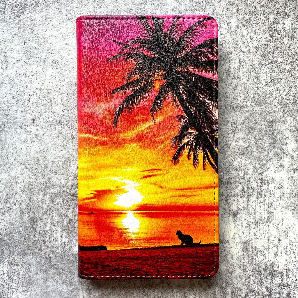 夕焼けにゃんこの手帳型スマホケース iPhone17 Air iphone16e iphone14 iphone15 全機種対応 猫 スマホケース 黒猫