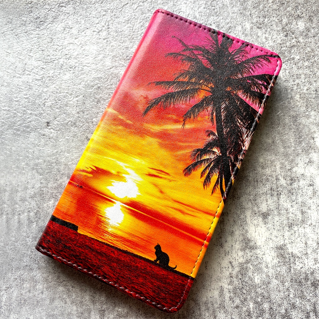 夕焼けにゃんこの手帳型スマホケース iPhone17 Air iphone16e iphone14 iphone15 全機種対応 猫 スマホケース 黒猫