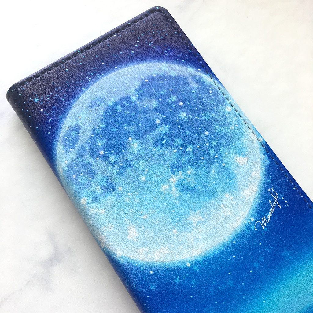 満月とねこの手帳型スマホケース(ライトブルー) iphone16e iphone14 iphone15 全機種対応 猫 スマホケース 黒猫
