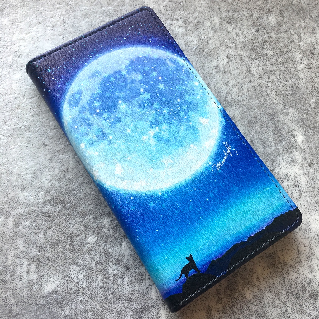 満月とねこの手帳型スマホケース（ライトブルー） iphone13 iphone14 iphone15 全機種対応 猫 スマホケース 黒猫