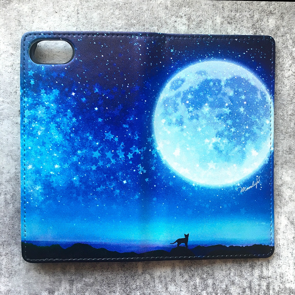 満月とねこの手帳型スマホケース(ライトブルー) iphone16e iphone14 iphone15 全機種対応 猫 スマホケース 黒猫
