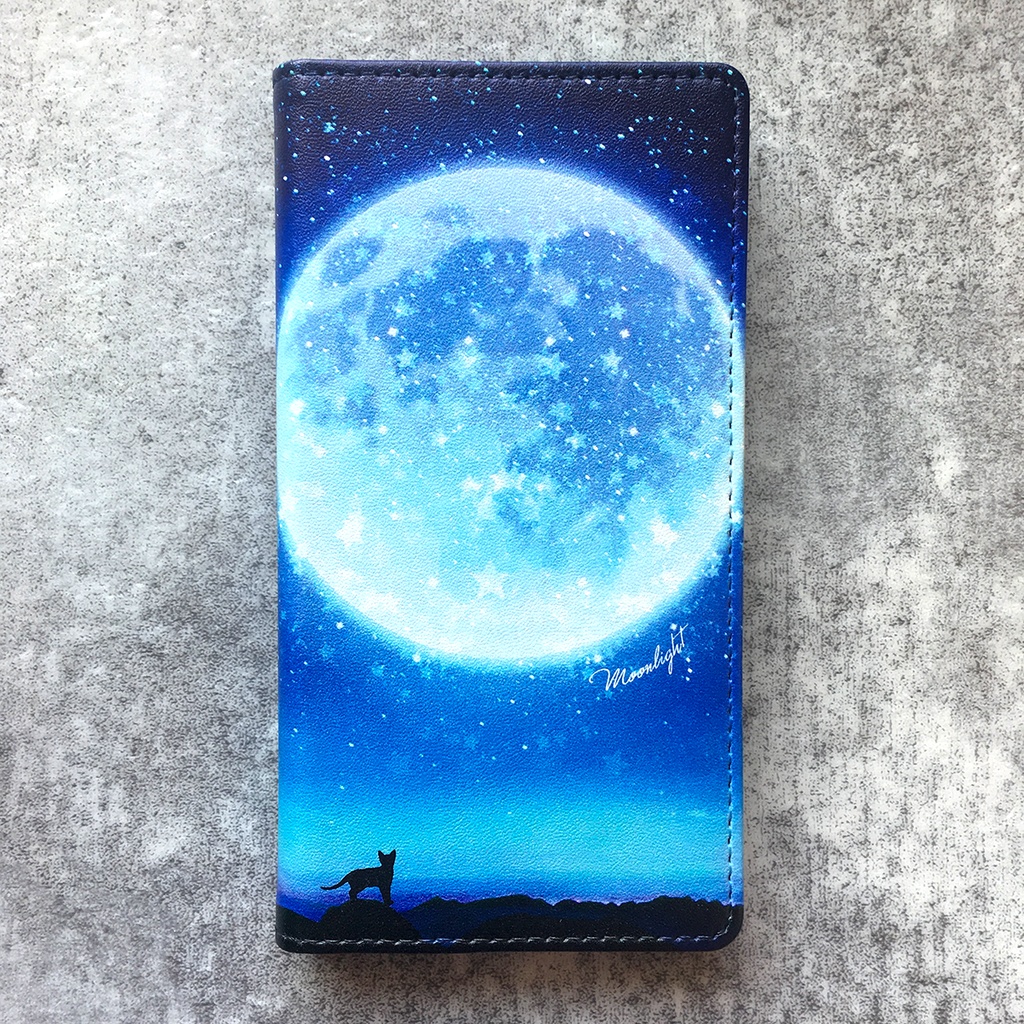 満月とねこの手帳型スマホケース(ライトブルー) iphone16e iphone14 iphone15 全機種対応 猫 スマホケース 黒猫