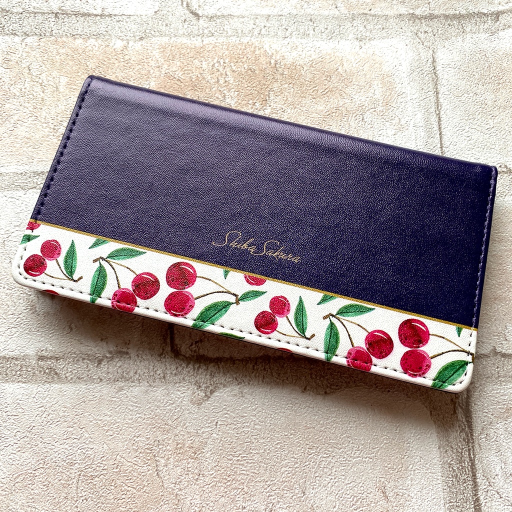 チェリーの手帳型スマホケース(ネイビー) iPhone17 Air iphone16e iphone14 iphone15 全機種対応 さくらんぼ チェリー スマホケース