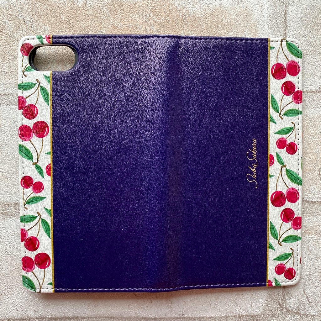 チェリーの手帳型スマホケース(ネイビー) iPhone17 Air iphone16e iphone14 iphone15 全機種対応 さくらんぼ チェリー スマホケース