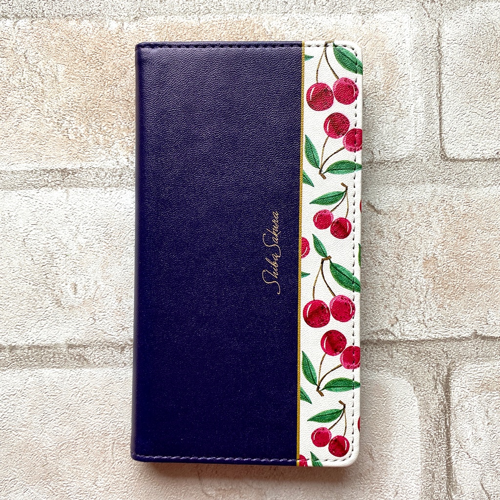 チェリーの手帳型スマホケース(ネイビー) iPhone17 Air iphone16e iphone14 iphone15 全機種対応 さくらんぼ チェリー スマホケース