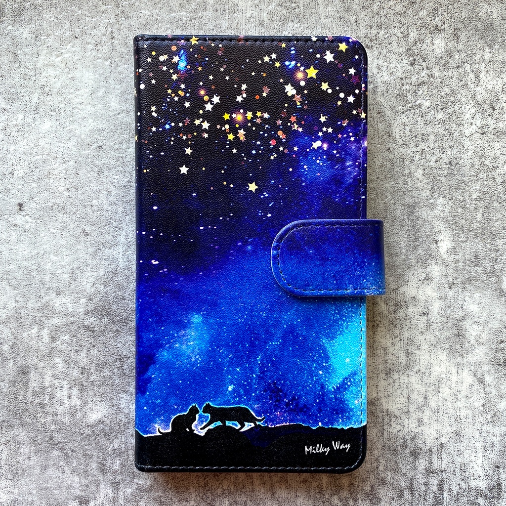 星空デートな猫の手帳型スマホケース 全機種対応 手帳型 スマホケース iPhone17 air iphone15 iphone16e 猫 黒猫 宇宙 銀河 星 iphone14