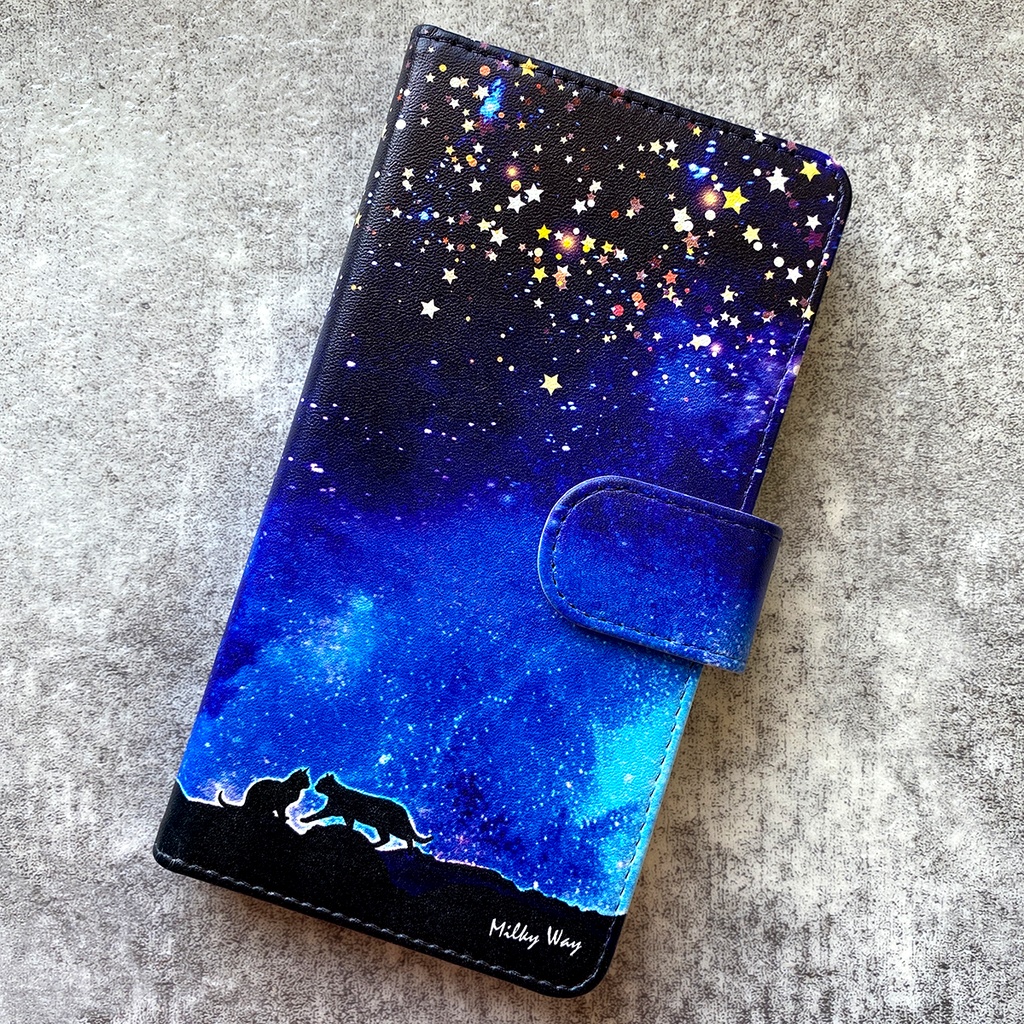 星空デートな猫の手帳型スマホケース 全機種対応 手帳型 スマホケース iPhone17 air iphone15 iphone16e 猫 黒猫 宇宙 銀河 星 iphone14
