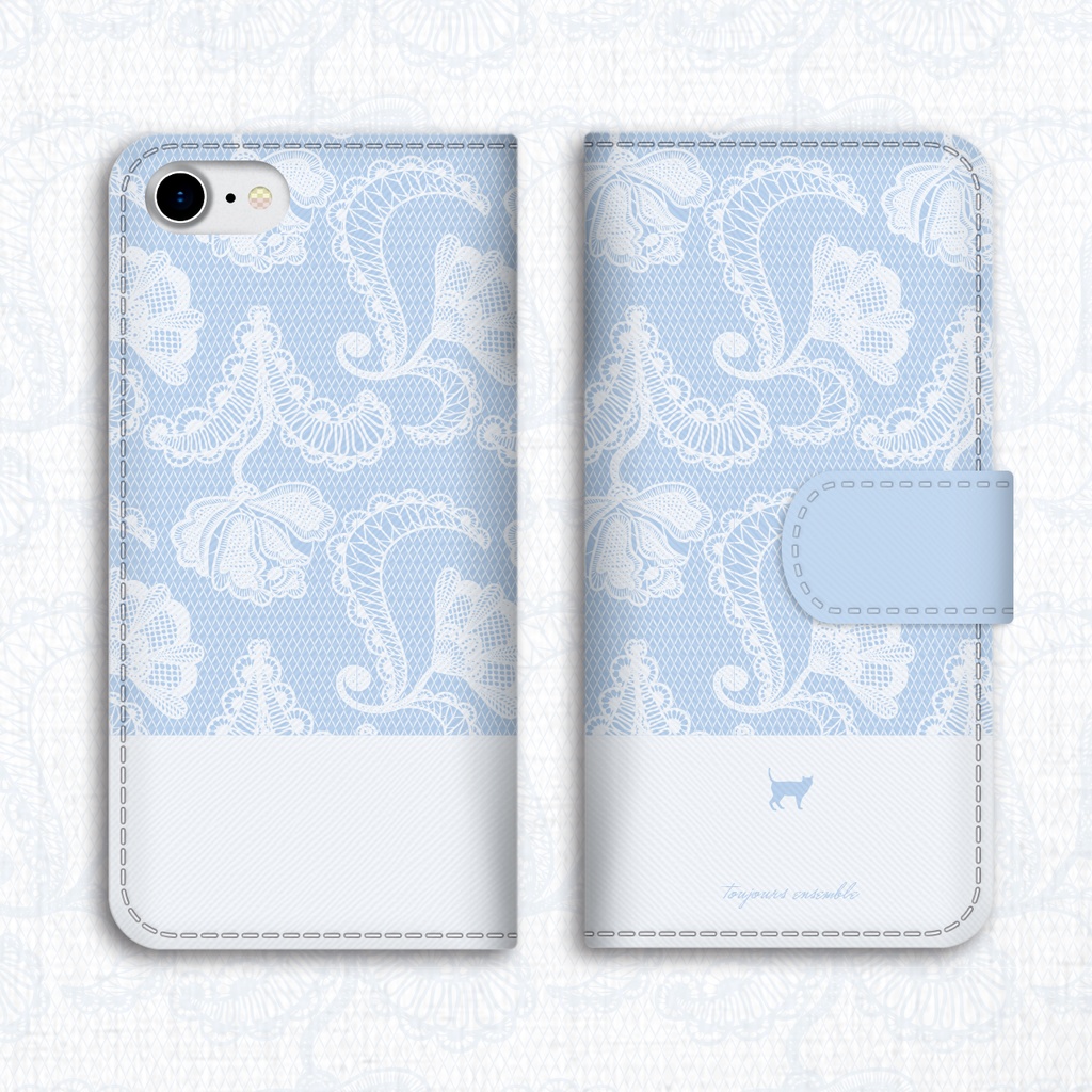 ロマンティックレースの手帳型スマホケース(アリスブルー)
