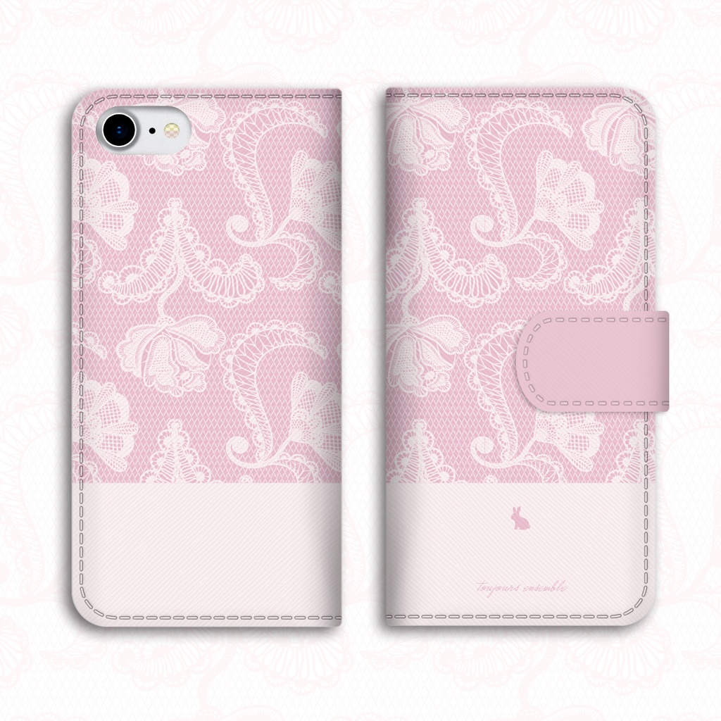 ロマンティックレースの手帳型スマホケース(ベビーピンク)