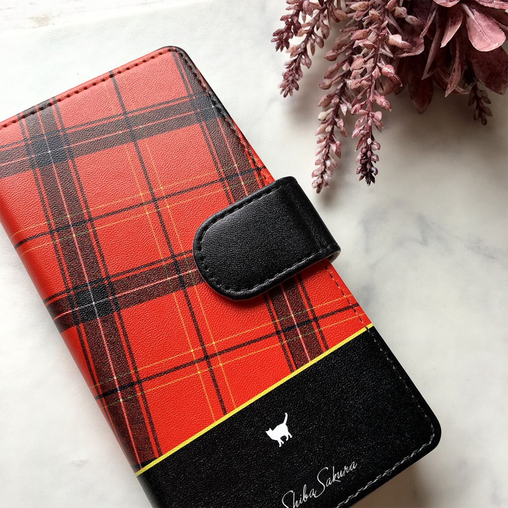 猫とタータンチェックの手帳型スマホケース 全機種対応 手帳型 スマホケース iphone15 iphone16e iPhone17 Air 猫 iphone14