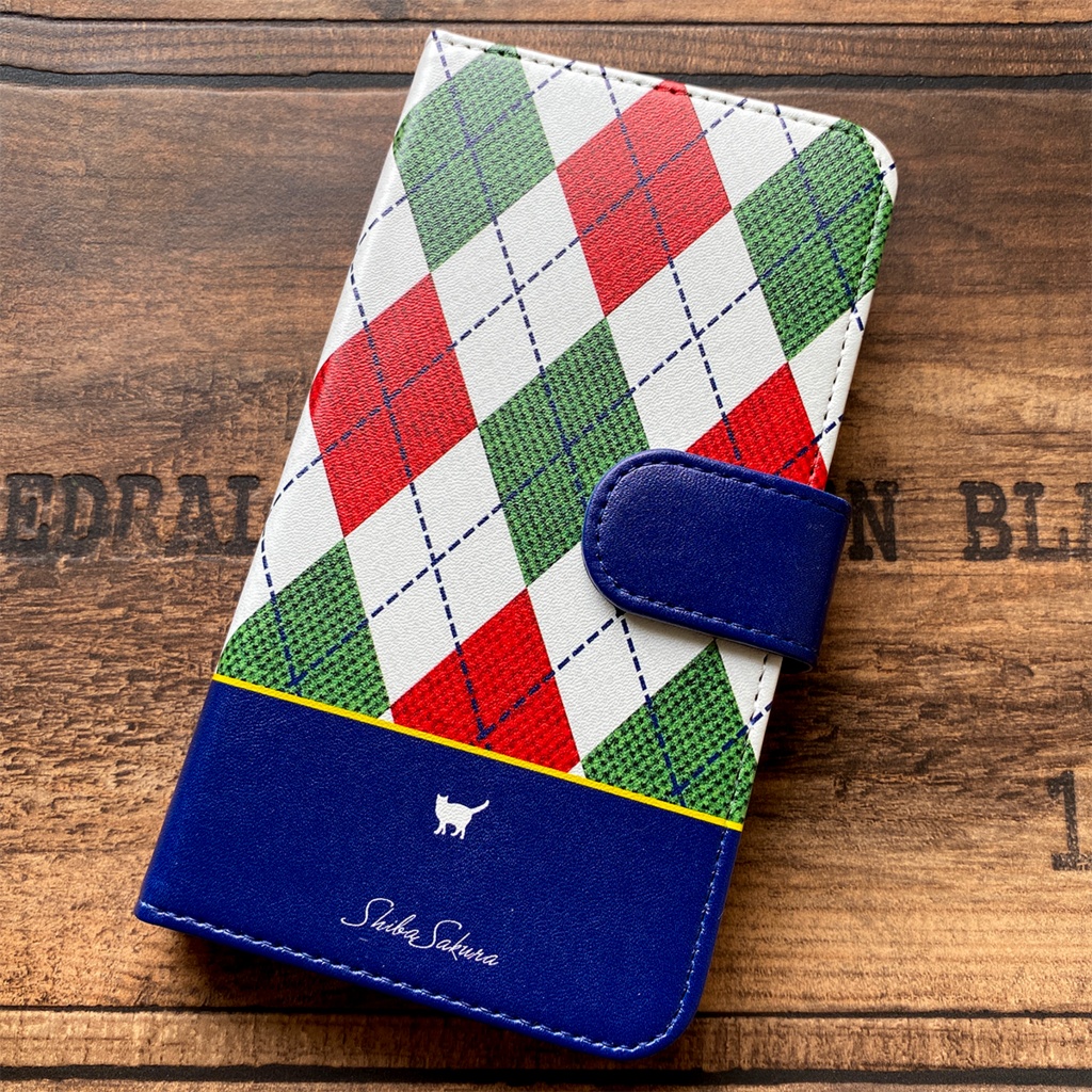 猫とアーガイルの手帳型スマホケース 全機種対応 手帳型 スマホケース iphone15 iphone16e 猫 iphone13