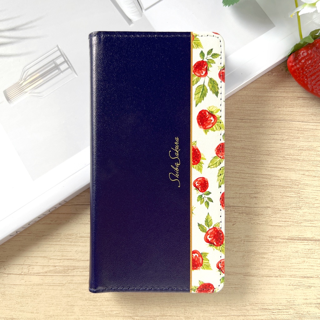 ワイルドストロベリーの手帳型スマホケース(ネイビー) スマホケース iPhone17 Air iphone16e iphone14 iphone15 全機種対応 いちご ストロベリー