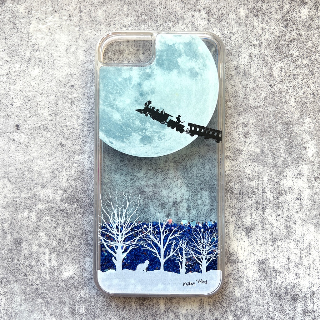 銀河鉄道の猫(ブルー)グリッターケース スマホケース 猫 黒猫 銀河 宇宙 iphone15 iphone17 air iphone14 iPhone16e