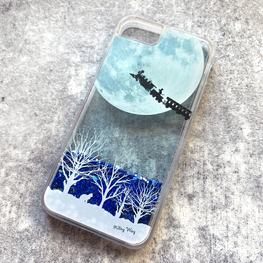 銀河鉄道の猫(ブルー)グリッターケース スマホケース 猫 黒猫 銀河 宇宙 iphone15 iphone17 air iphone14 iPhone16e