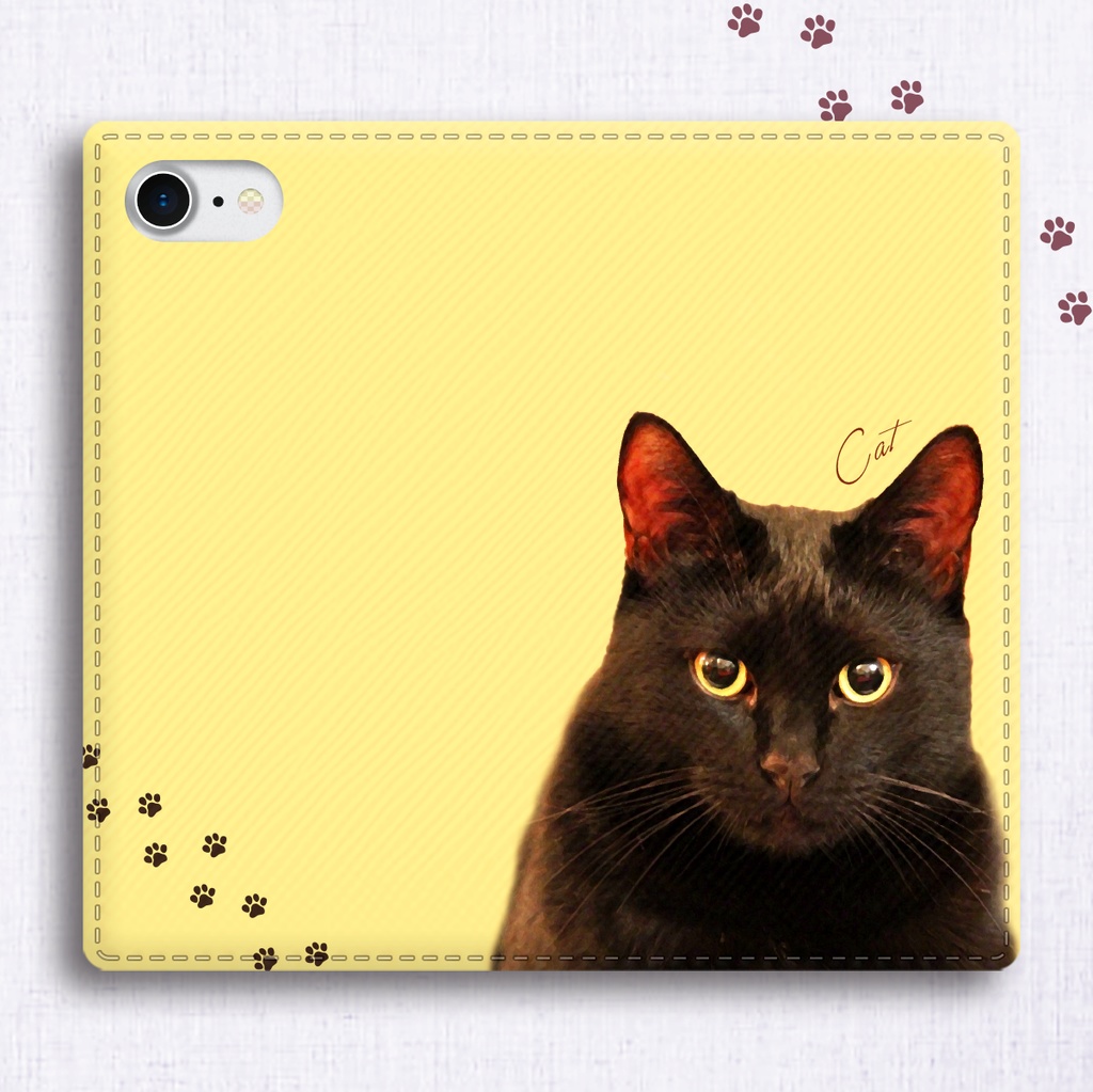 【名入れ可】カラフル黒猫の手帳型スマホケース(イエロー)