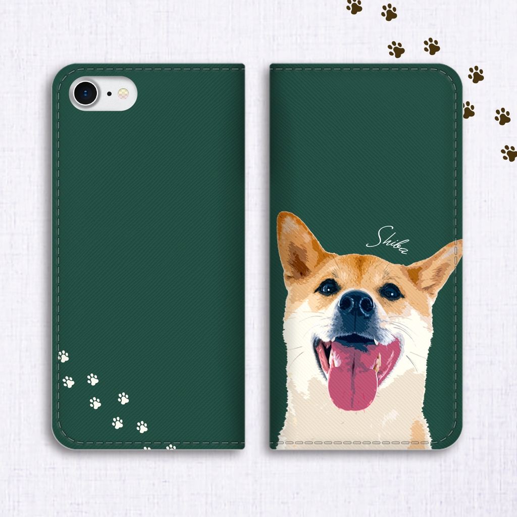 【名入れ可】カラフル柴犬の手帳型スマホケース(モスグリーン)