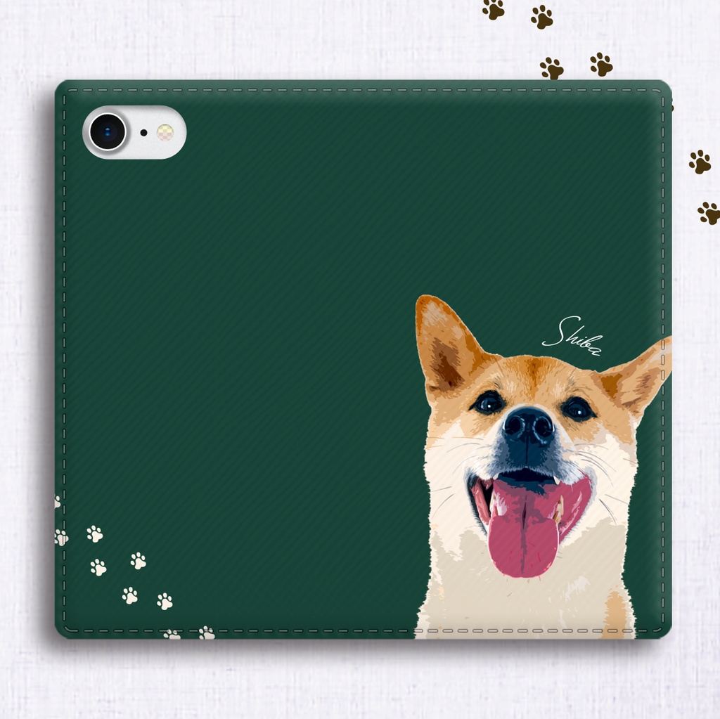 【名入れ可】カラフル柴犬の手帳型スマホケース(モスグリーン)