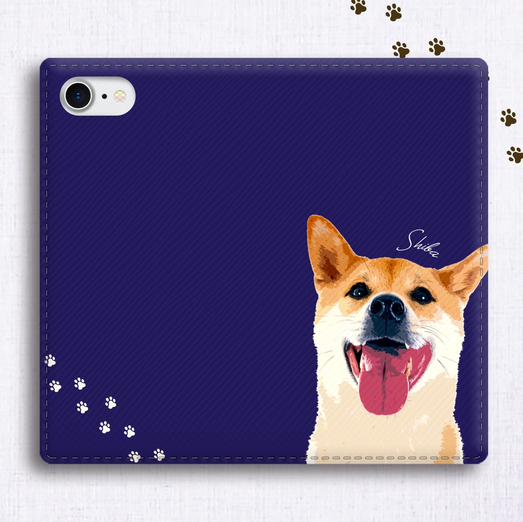 【名入れ可】カラフル柴犬の手帳型スマホケース(ネイビー)