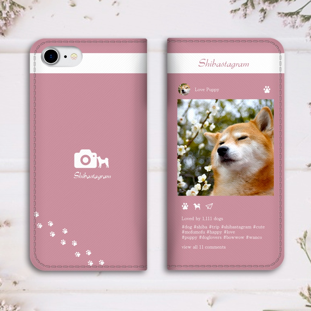 わんこ専用SNS!? 手帳型スマホケース(桜と柴犬)iPhone17 Air iphone16e iphone14 iphone15 全機種対応 犬 柴犬