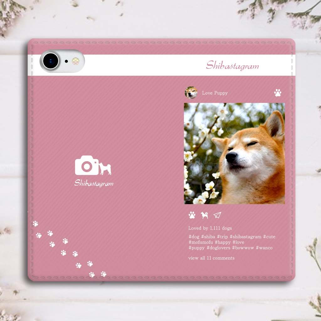 わんこ専用SNS!? 手帳型スマホケース(桜と柴犬)iPhone17 Air iphone16e iphone14 iphone15 全機種対応 犬 柴犬