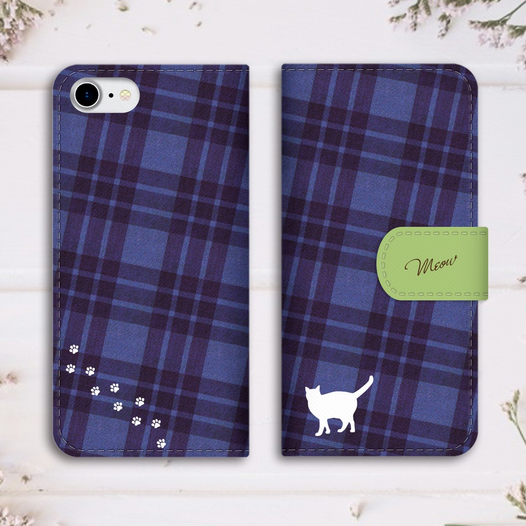 猫とチェックの手帳型スマホケース(グリーン×ネイビー) 全機種対応 手帳型 スマホケース iphone16e iphone15 iPhone17 Air 猫 黒猫