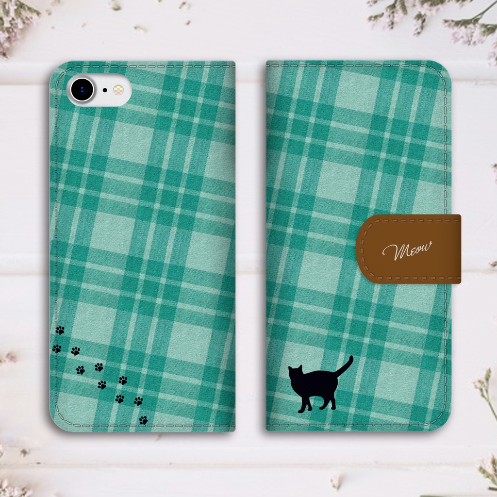 猫とチェックの手帳型スマホケース(チョコミント) 全機種対応 手帳型 スマホケース iphone16e iphone15 iPhone17 Air 猫 黒猫