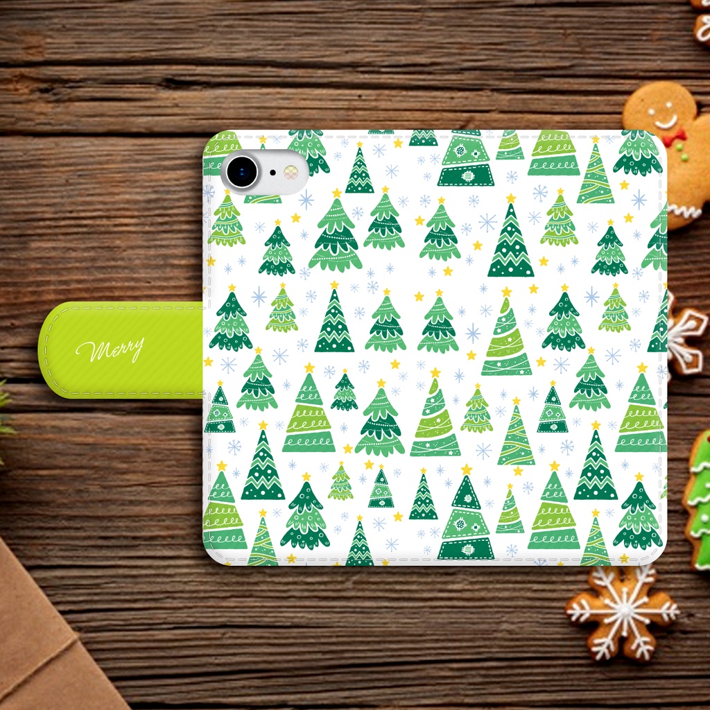 【名入れok】クリスマスツリーの手帳型スマホケース(グリーン)