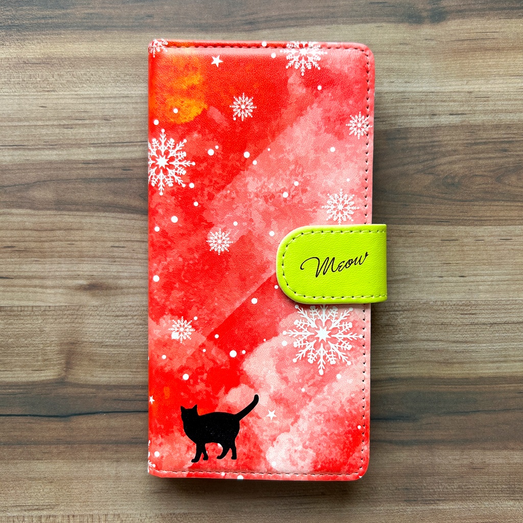 雪と猫の手帳型スマホケース(レッド) 全機種対応 手帳型 スマホケース iphone15 iphone16e se3 猫 黒猫 雪 iPhone17 Air iphone14