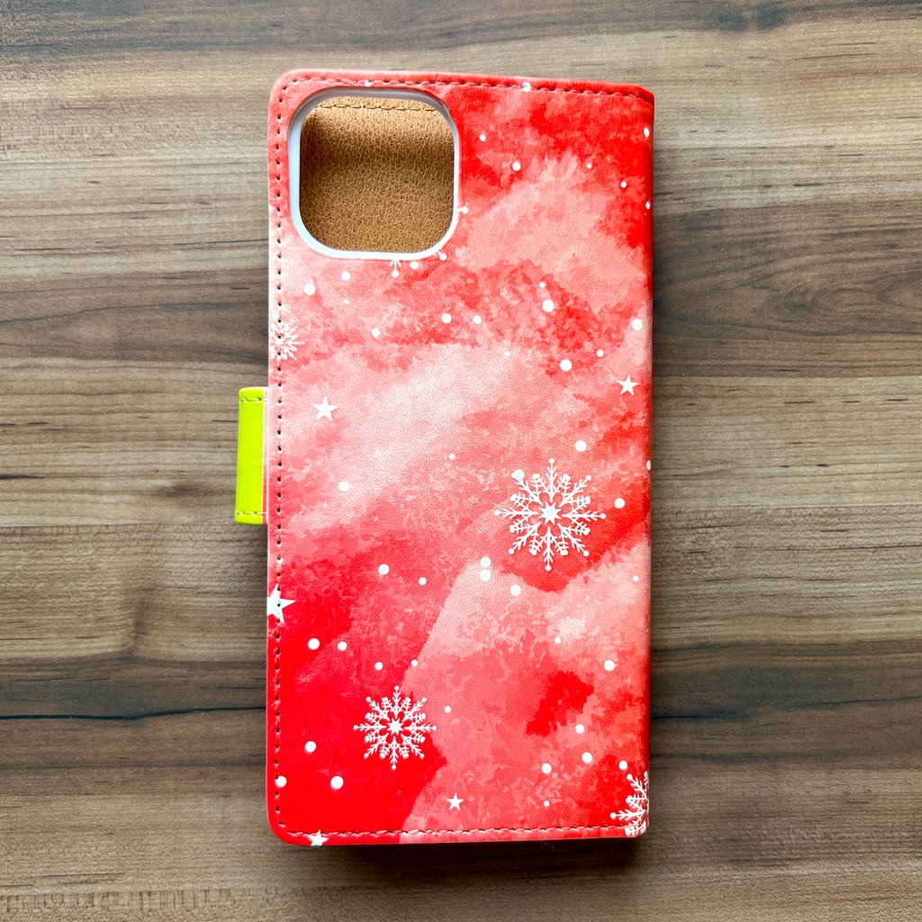 雪と猫の手帳型スマホケース(レッド) 全機種対応 手帳型 スマホケース iphone15 iphone16e se3 猫 黒猫 雪 iPhone17 Air iphone14