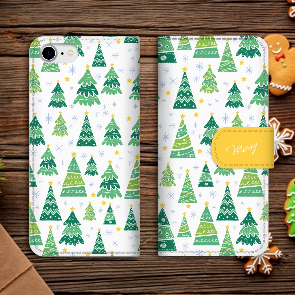 【名入れok】クリスマスツリーの手帳型スマホケース(イエロー)