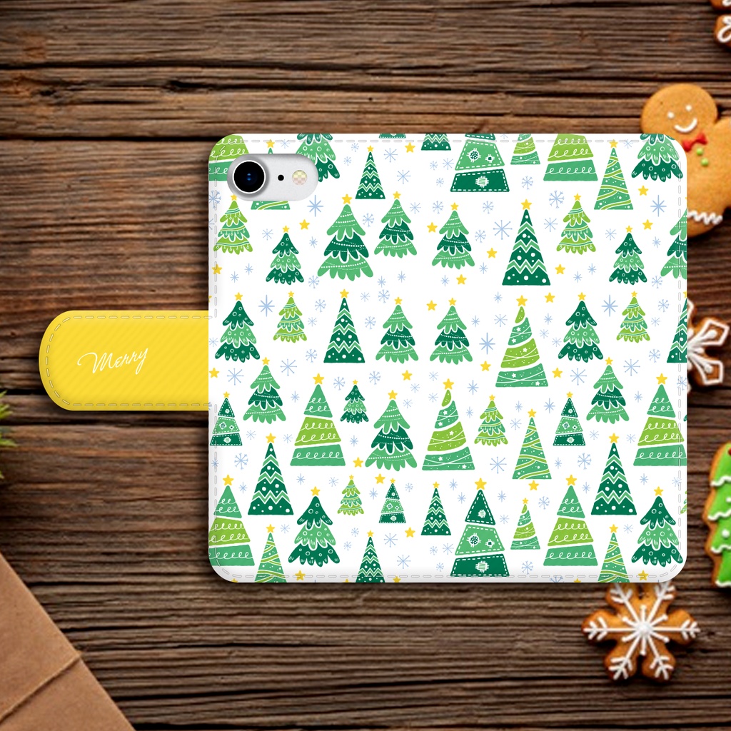 【名入れok】クリスマスツリーの手帳型スマホケース(イエロー)