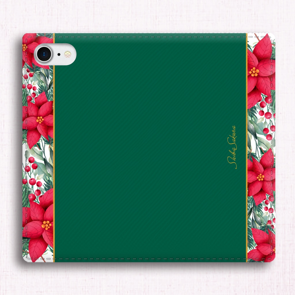 ポインセチアの手帳型スマホケース(グリーン) 花 スマホケース iphone16e iphone14 iphone15 全機種対応