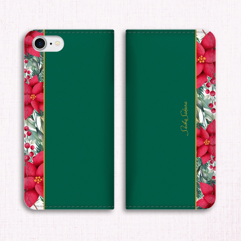 ポインセチアの手帳型スマホケース(グリーン) 花 スマホケース iphone16e iphone14 iphone15 全機種対応