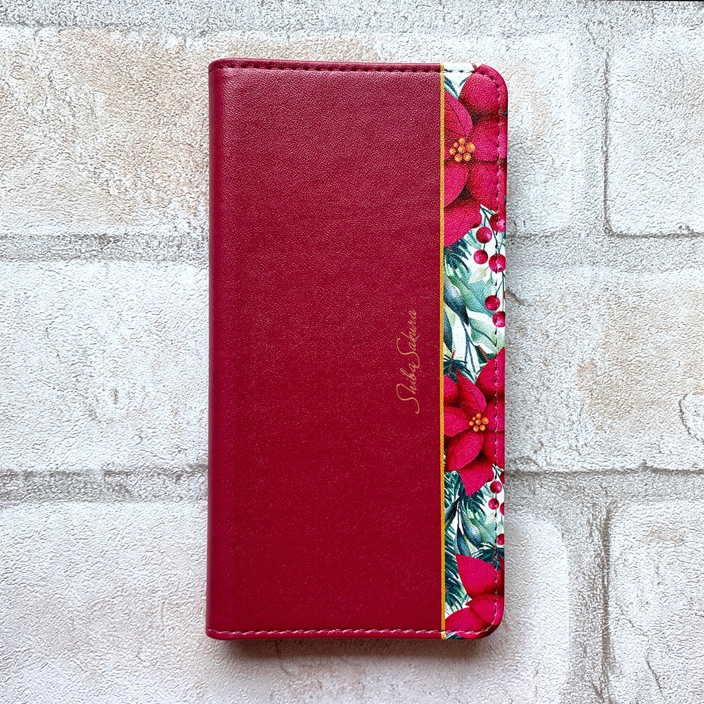 ポインセチアの手帳型スマホケース(レッド) 花 スマホケース iphone16 iphone14 iphone15 全機種対応