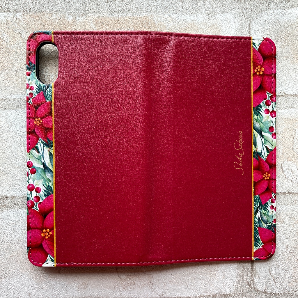 ポインセチアの手帳型スマホケース(レッド) 花 スマホケース iphone16 iphone14 iphone15 全機種対応