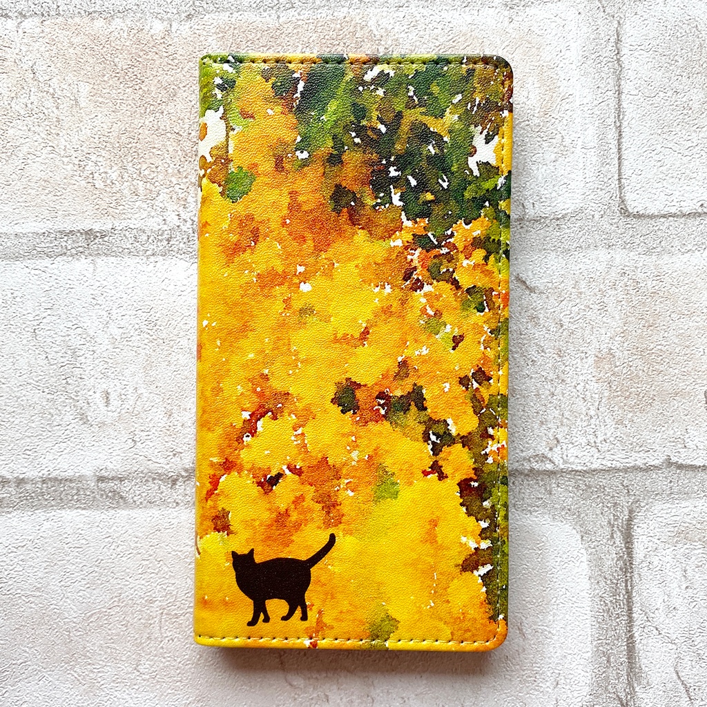 水彩ミモザと猫の手帳型スマホケース 花 スマホケース iPhone17 Air iphone16e iphone14 iphone15 全機種対応 ミモザ