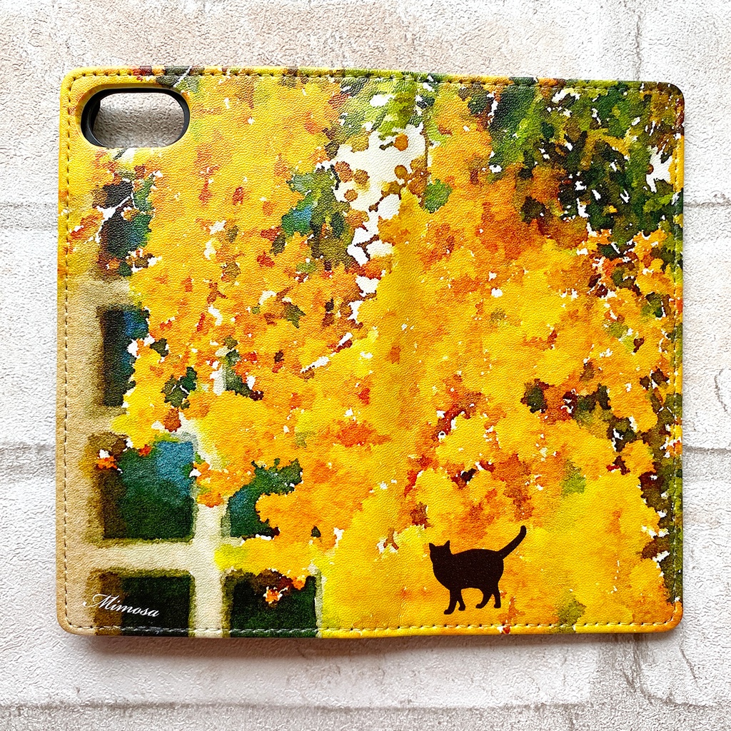 水彩ミモザと猫の手帳型スマホケース 花 スマホケース iPhone17 Air iphone16e iphone14 iphone15 全機種対応 ミモザ