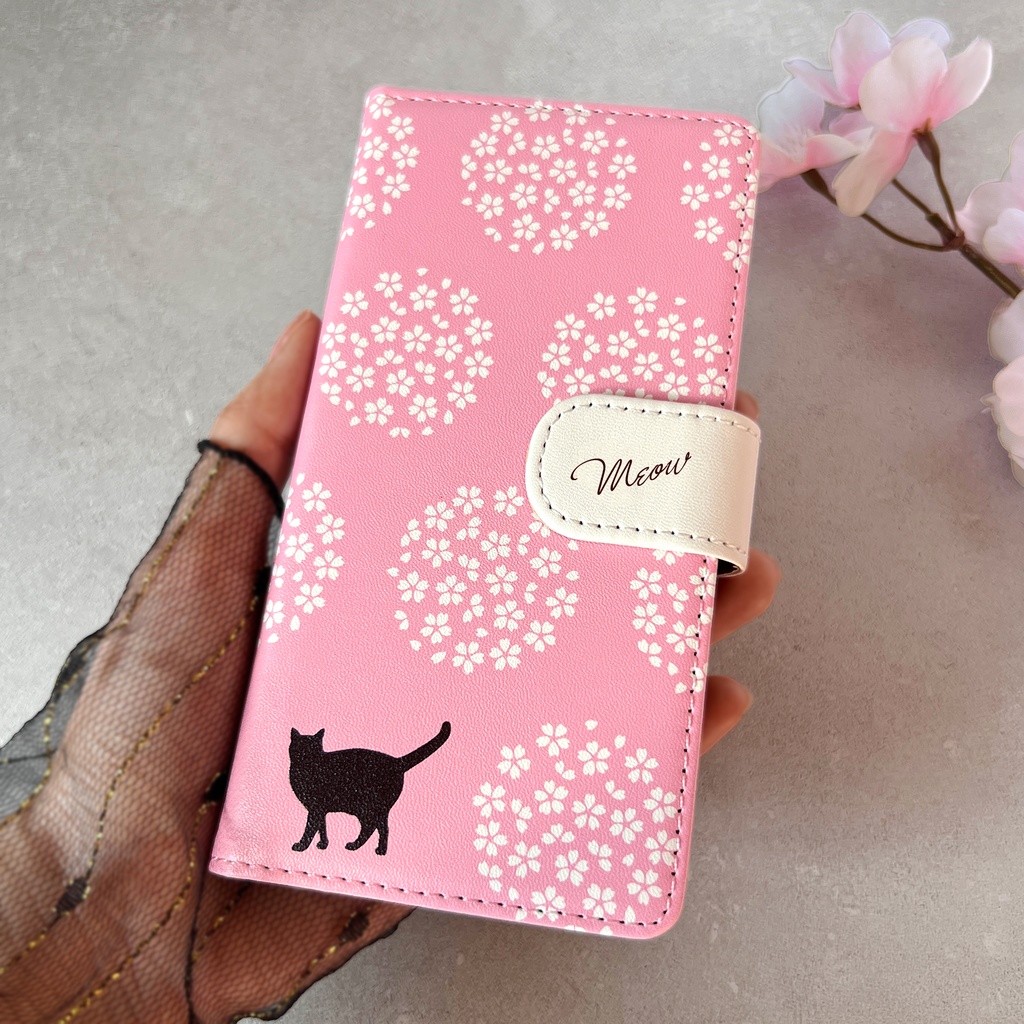 桜手鞠と猫の手帳型スマホケース 全機種対応 手帳型 スマホケース iPhone17 Air iphone15 iphone16e 猫 黒猫 桜 花 春 iphone14