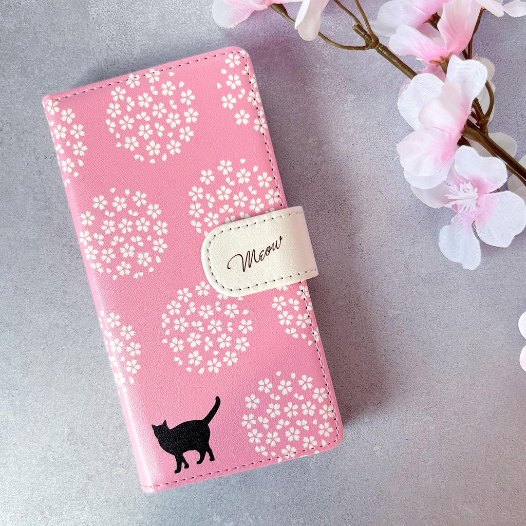 桜手鞠と猫の手帳型スマホケース 全機種対応 手帳型 スマホケース iPhone17 Air iphone15 iphone16e 猫 黒猫 桜 花 春 iphone14