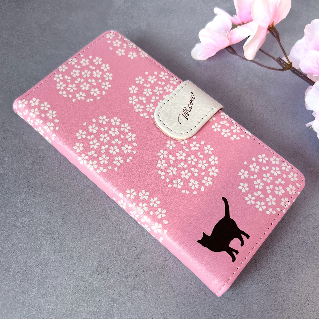桜手鞠と猫の手帳型スマホケース 全機種対応 手帳型 スマホケース iPhone17 Air iphone15 iphone16e 猫 黒猫 桜 花 春 iphone14