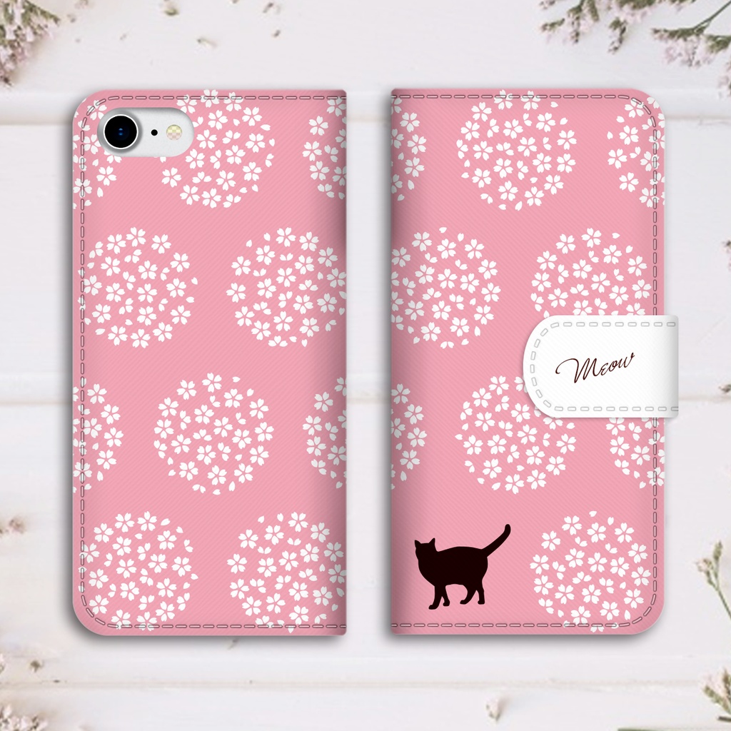 桜手鞠と猫の手帳型スマホケース 全機種対応 手帳型 スマホケース iPhone17 Air iphone15 iphone16e 猫 黒猫 桜 花 春 iphone14