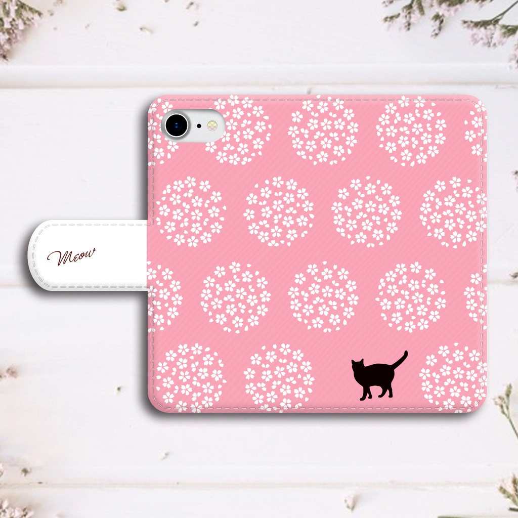桜手鞠と猫の手帳型スマホケース 全機種対応 手帳型 スマホケース iPhone17 Air iphone15 iphone16e 猫 黒猫 桜 花 春 iphone14