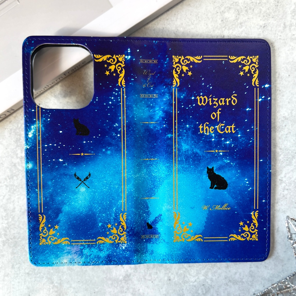 猫の魔法使い 洋書風の手帳型スマホケース 銀河 宇宙 黒猫 iPhone17 Air iphone16e iphone14 iphone15 全機種対応 猫