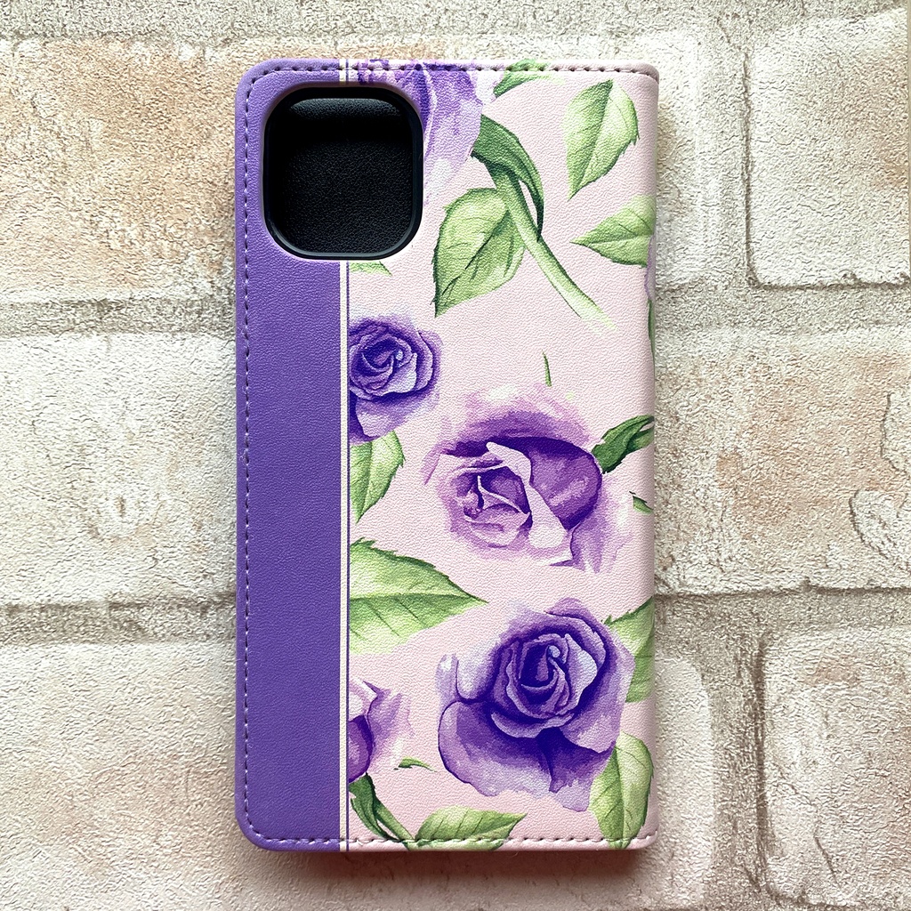 パープルローズの手帳型スマホケース 花 スマホケース iphone16e iphone14 iphone15 全機種対応 バラ