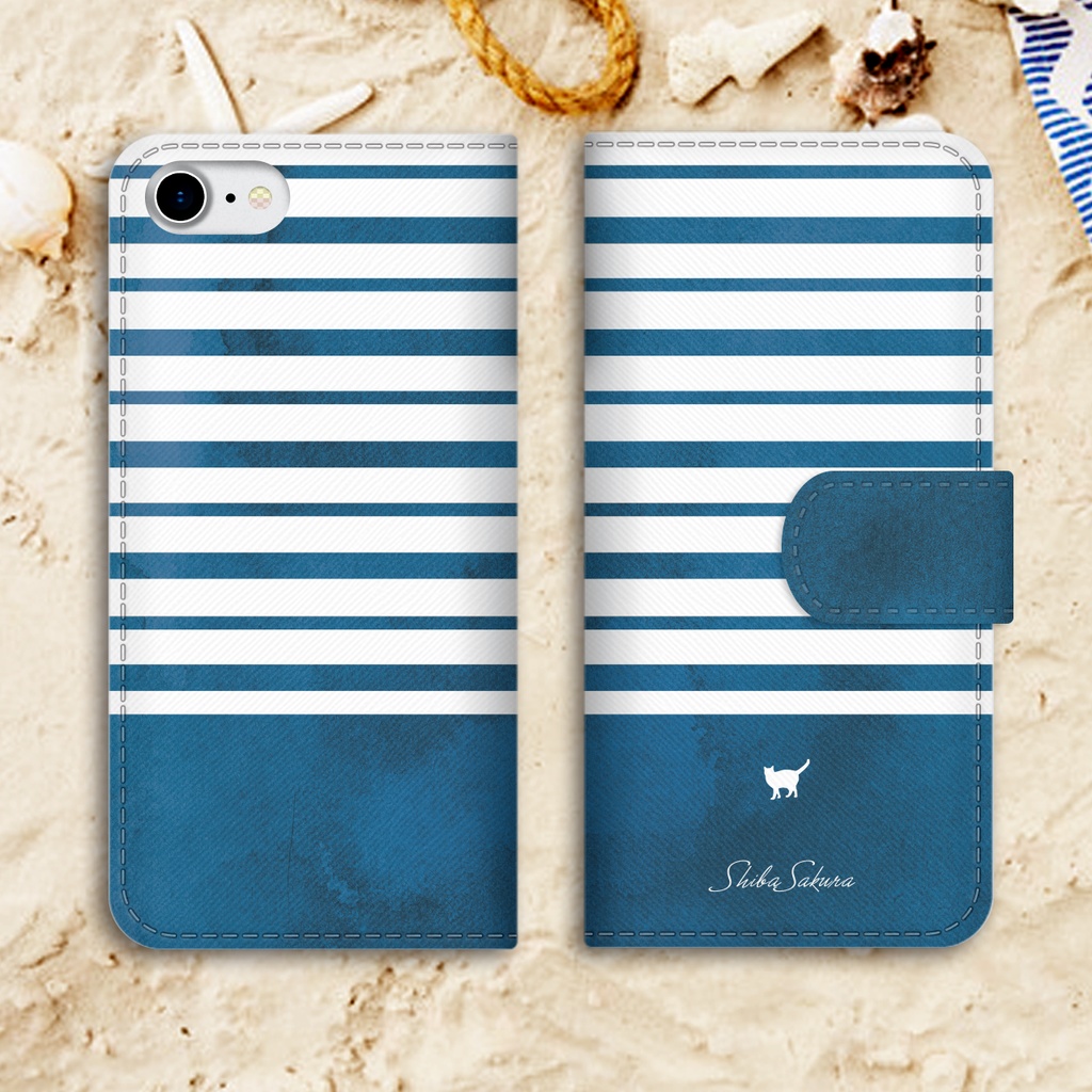 猫とサマーボーダーの手帳型スマホケース(ブルーグレー) 全機種対応 手帳型 スマホケース iphone15 iphone16e 猫 iPhone17 Air iphone14