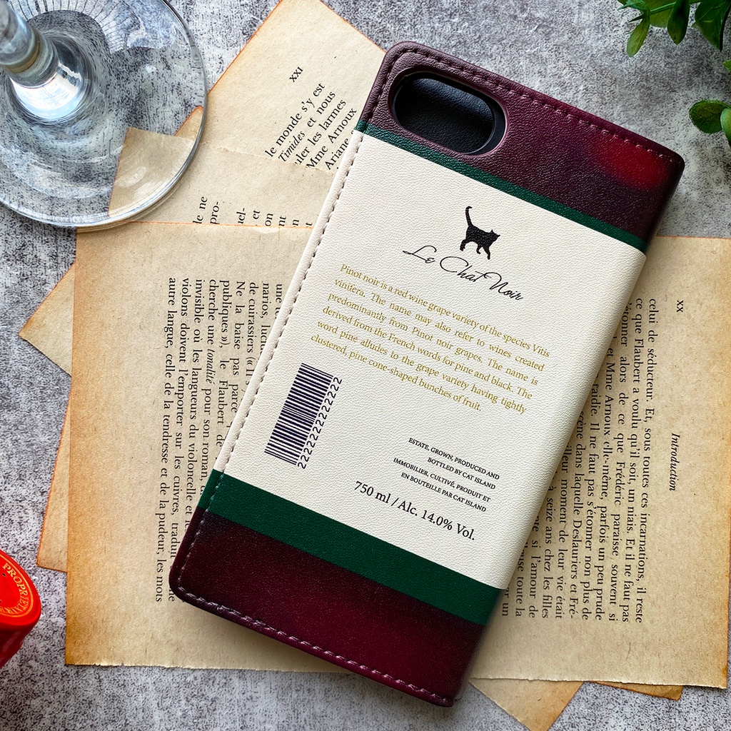 にゃんこワインの手帳型ケース(赤/ ピノ・ノワール) iphone16e iphone14 iphone15 全機種対応 猫 黒猫 スマホケース