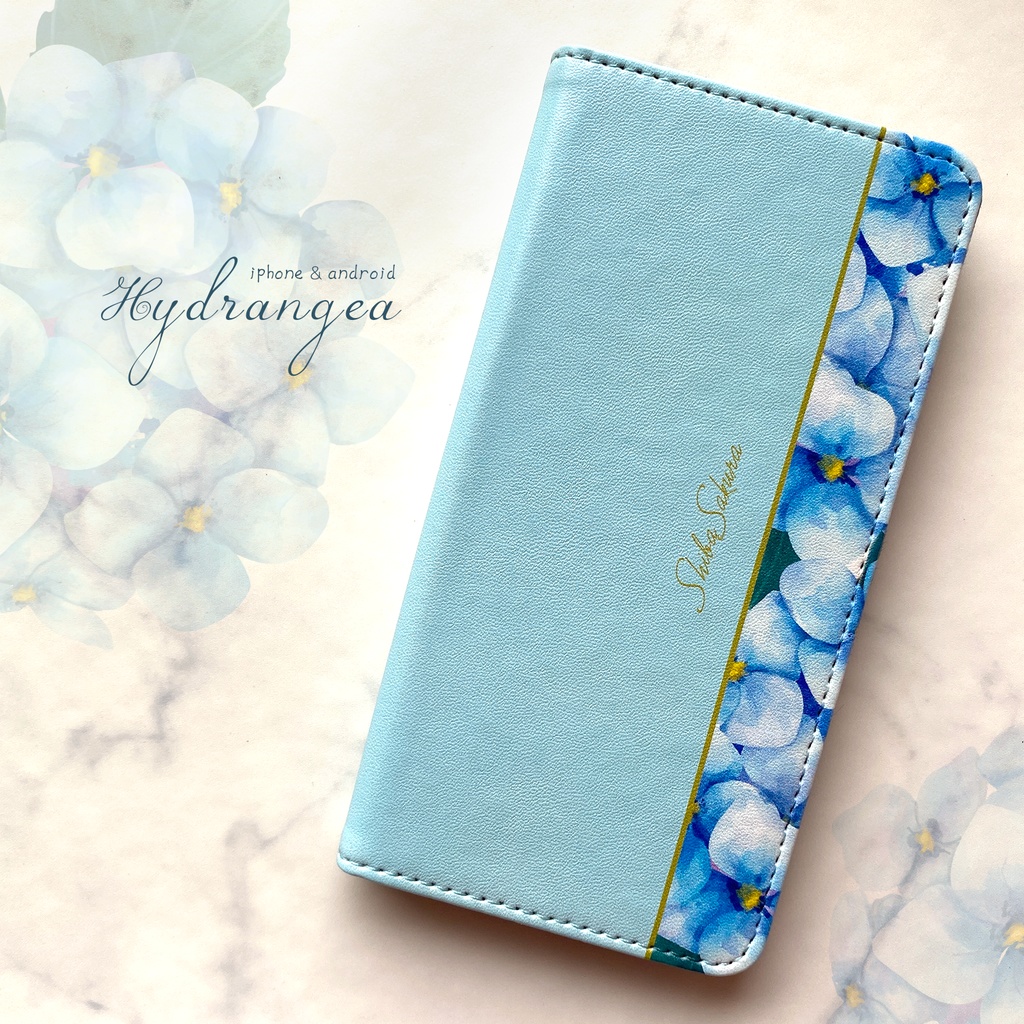 梅雨の紫陽花の手帳型スマホケース ライトブルー Shibasakura Booth